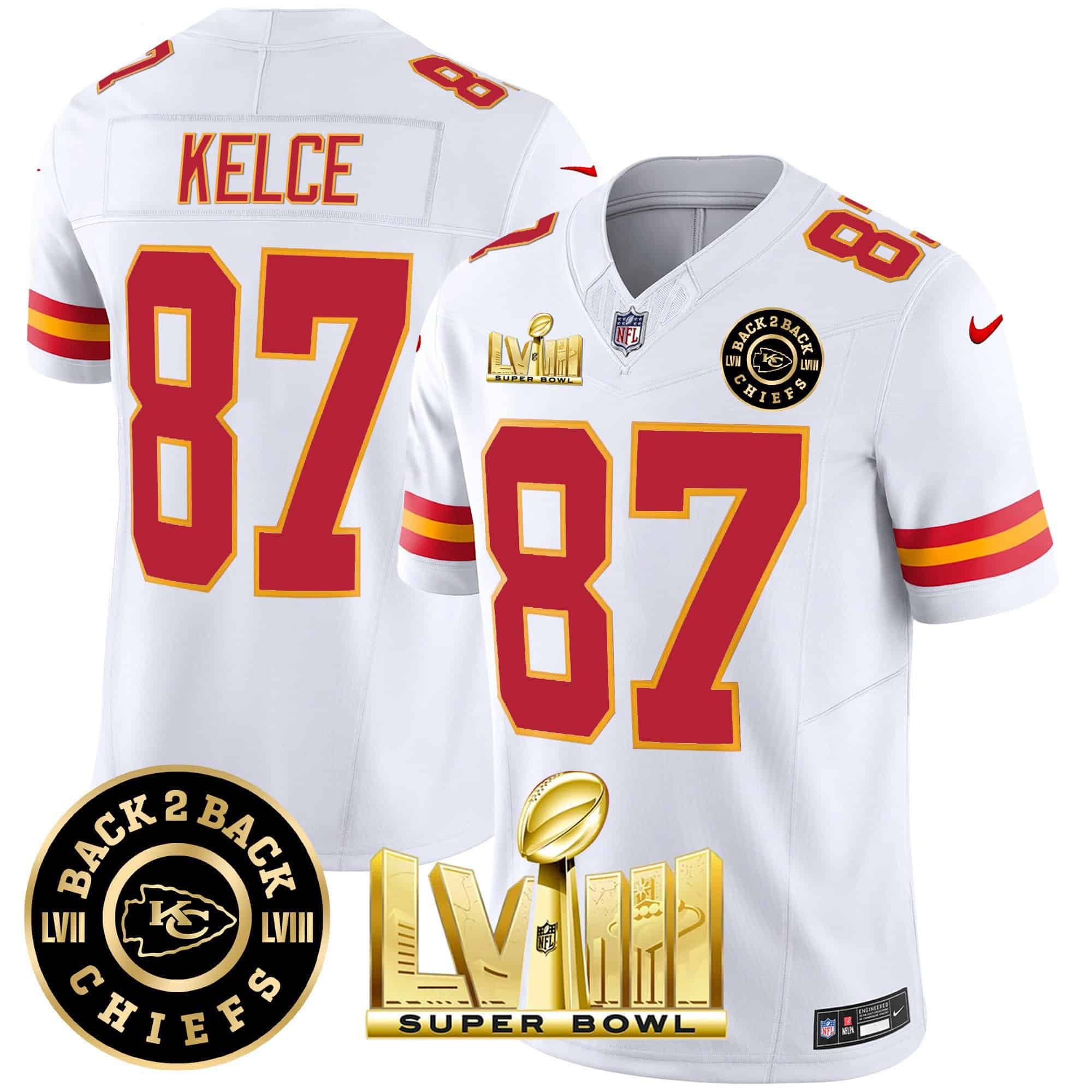 Men Kansas City Chiefs #87 Kelce White 2024 Nike Super Bowl LVIII & Back-2-Back Patch Vapor NFL Jersey